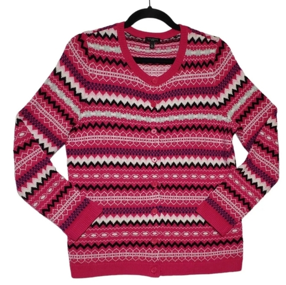 Talbots Fair Isle Lambswool Blend Cardigan Sweater Women Sz MP Pink Button Front - Picture 2 of 9